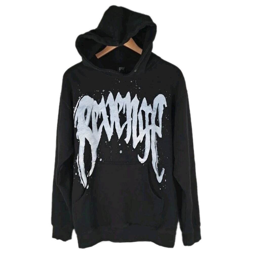 Revenge Snowfall Skull Hoodie Mens Medium M Black Pullover White Paint Logo USA